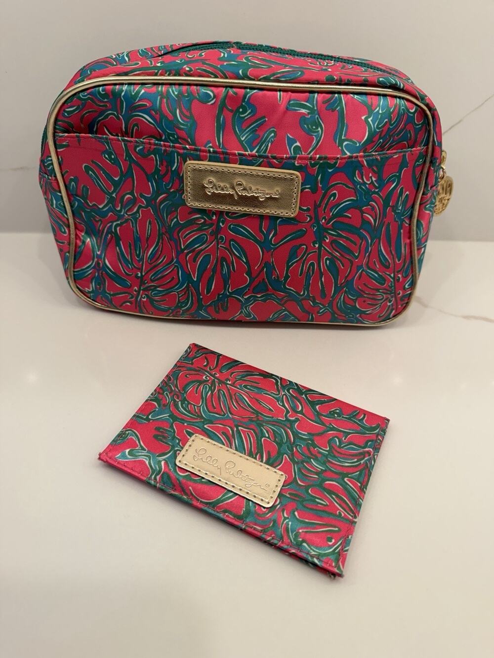 Lilly Pulitzer GWP Makeup Bag Pass The Peanuts Sunkissed Pink Compact Mirror Set